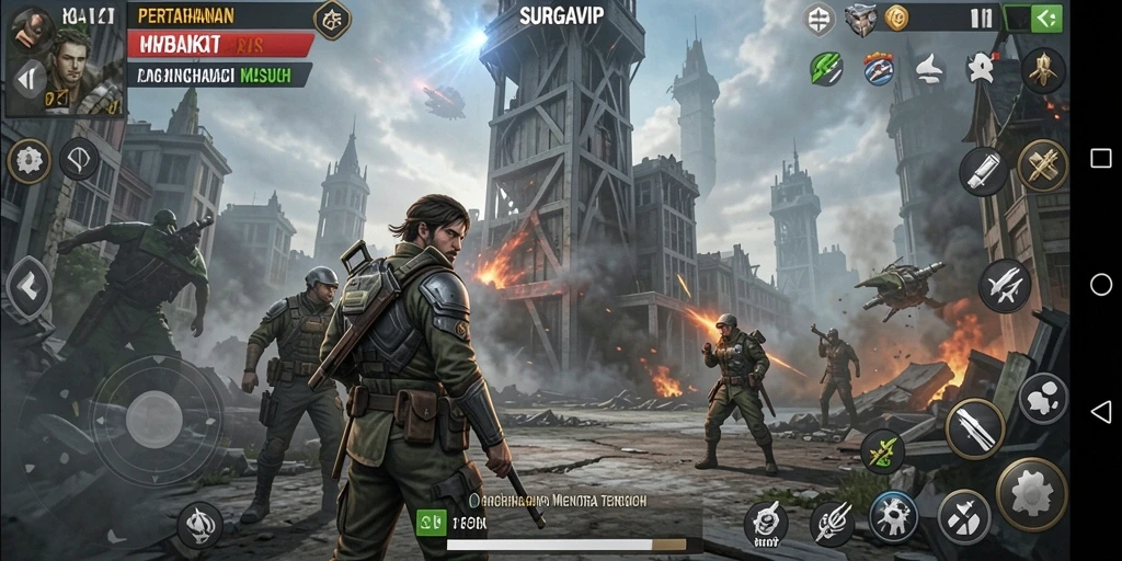 Tampilan gameplay SURGAVIP dengan menara yang berfungsi melindungi benteng dari serangan musuh.