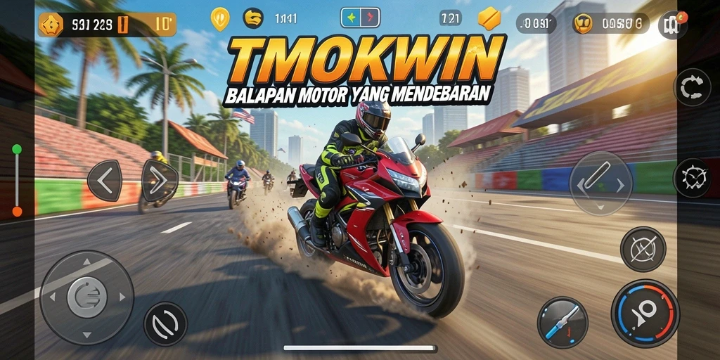 Screenshot gameplay TMOKWIN dengan tampilan mendebarkan dari balapan motor.